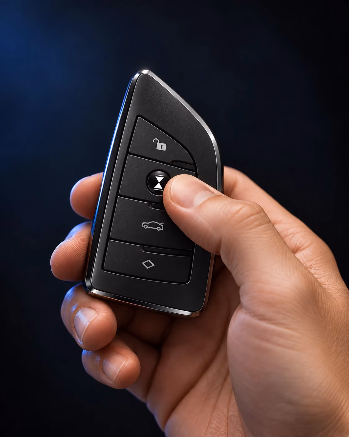 A hand pressing the button on a black key with an hourglass symbol